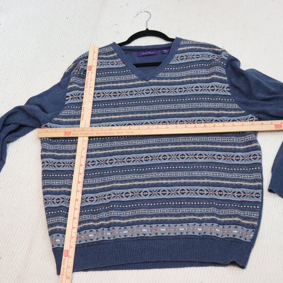 Alan Flusser Men’s Cotton Sweater Blue Fair Isle Stripe XL - Picture 3 of 6